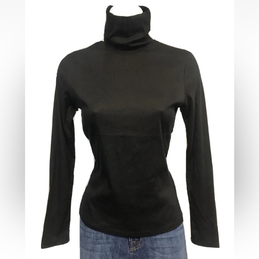 Women’s Active Basic Black Ribbed Fitted Turtleneck Size L